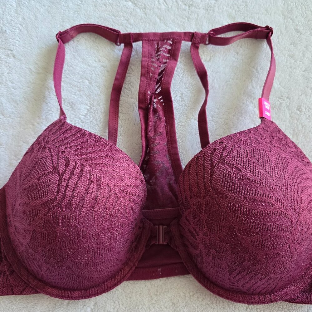 NWT VS PINK lightly lined Lace front closure racerback bra 34D Mauve